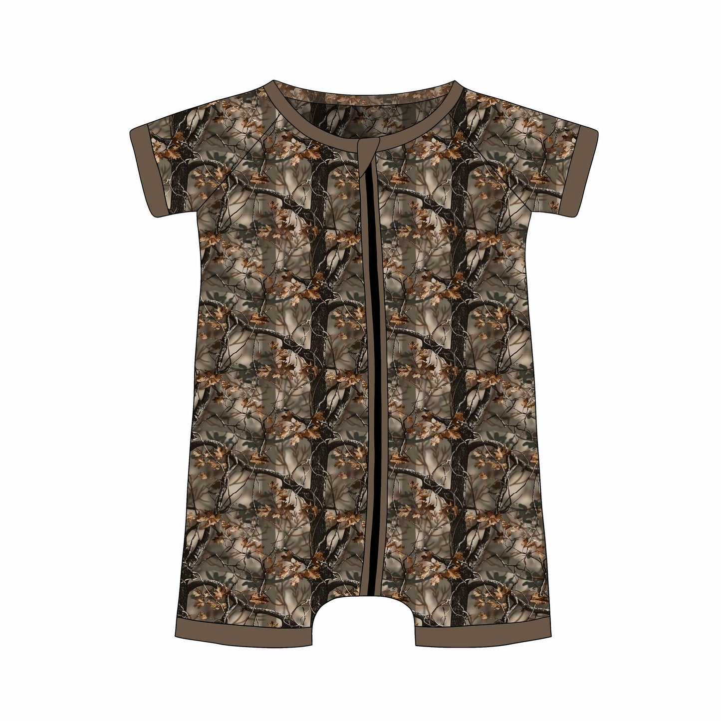 custom Hunting camo branch brown short sleeve zipper boys romper
