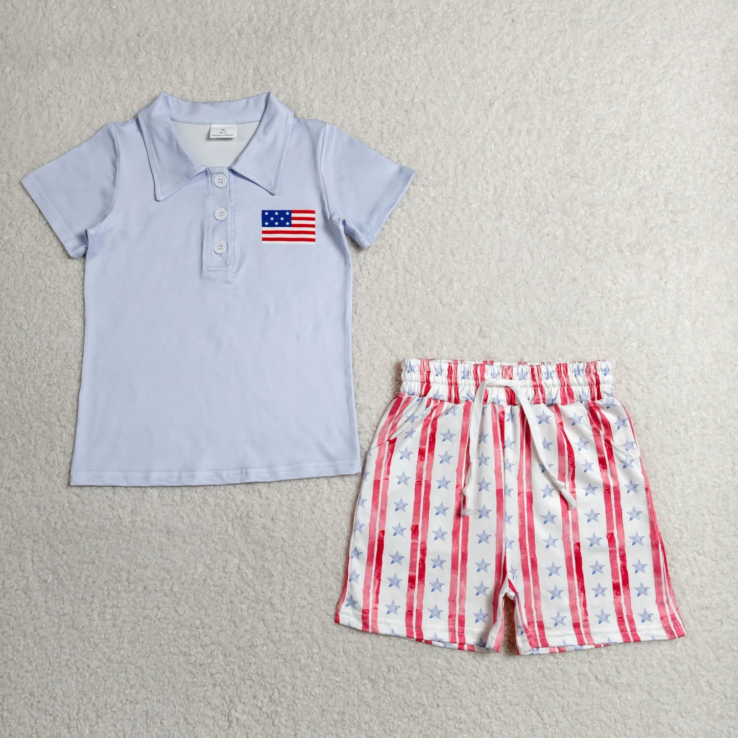 BSSO1480 July 4th flag blue short sleeve red striped shorts boys set