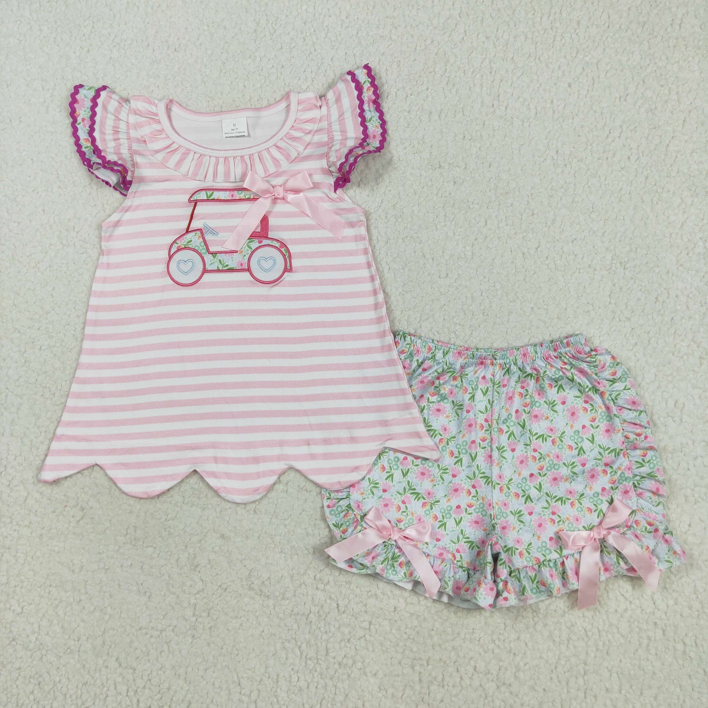 embroidery GSSO2633 gold car flutter sleeve colorful flowers shorts girls set