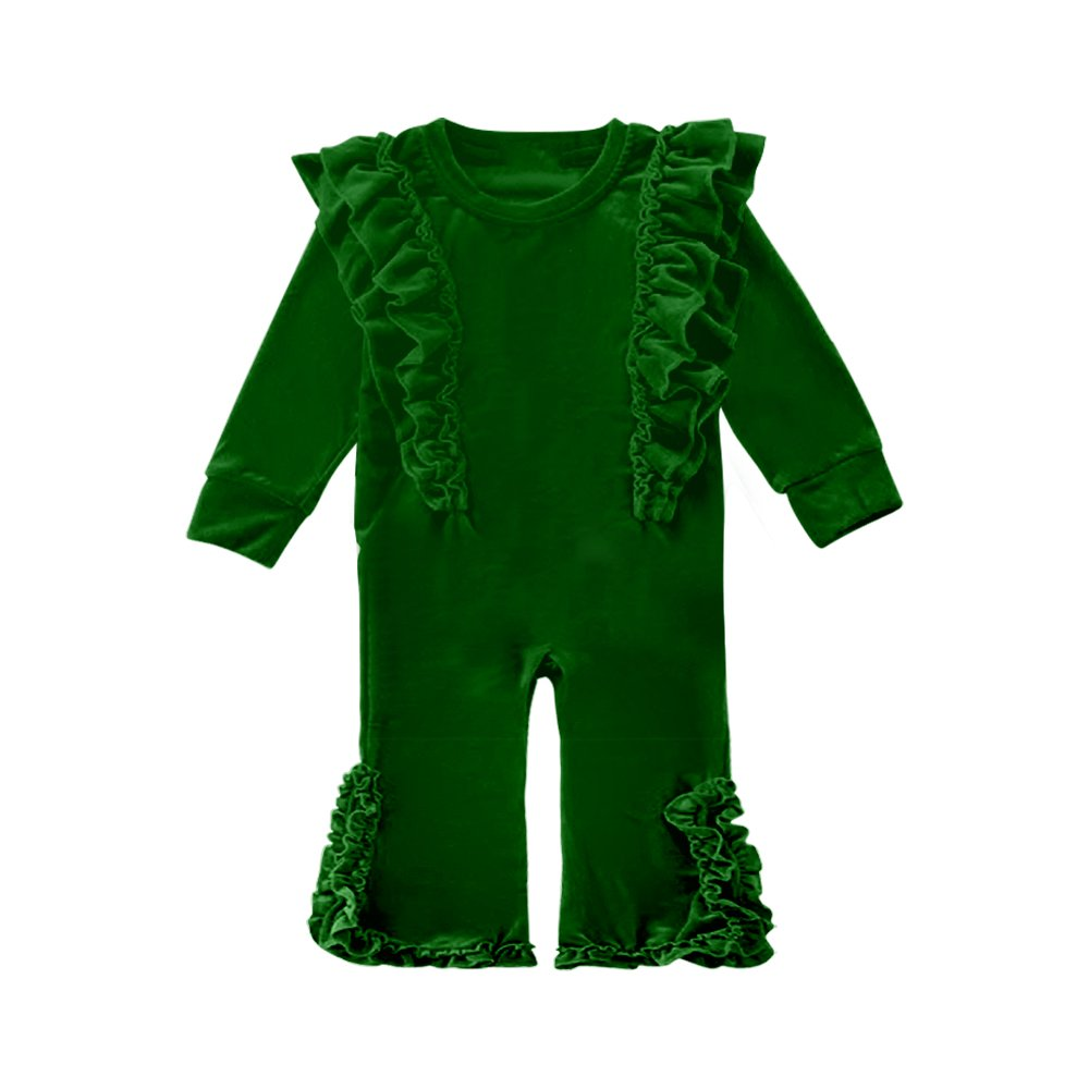 preorder LR2081 Christmas green velvet ruffles long sleeve girls romper