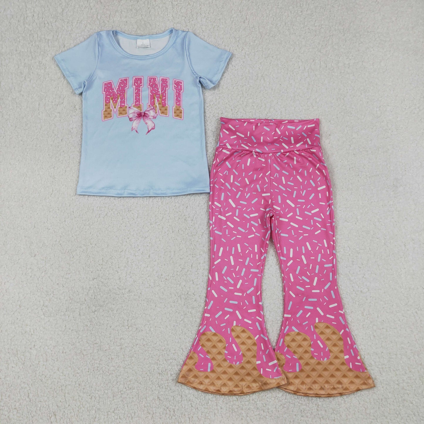 GSPO2107 Mini Bows Blue Short Sleeve Hot Pink Sprinkles Pants Girls Set