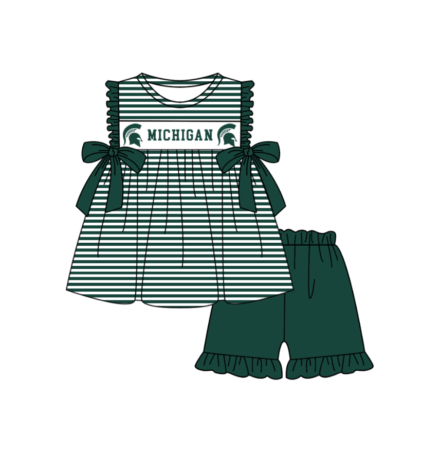 Custom Moq 3 Football Item Michigan Green Bows Short Sleeve Girls Dress