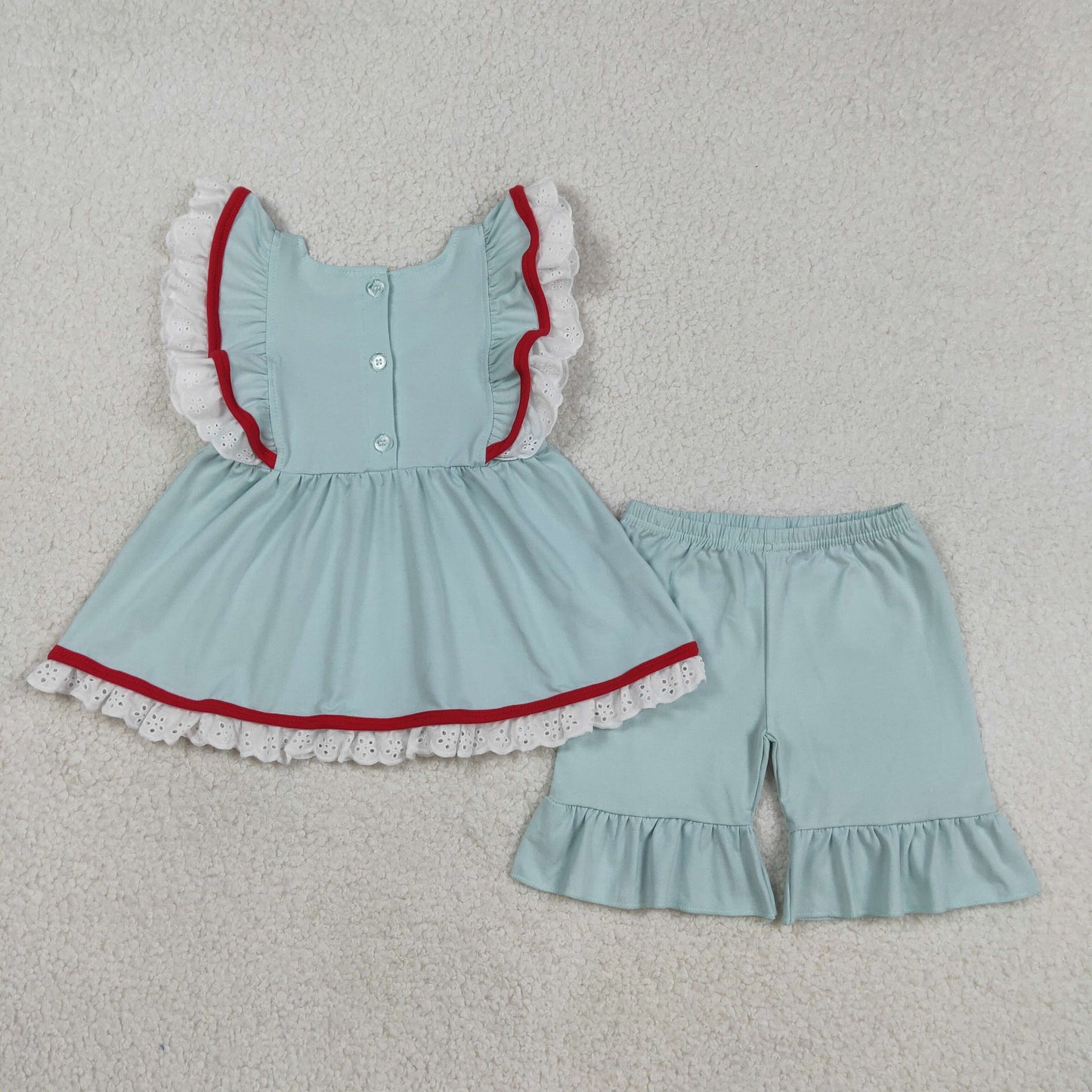 Embroidery GSSO2926 July 4th Flag Blue Flutter Sleeve Shorts Girls Set