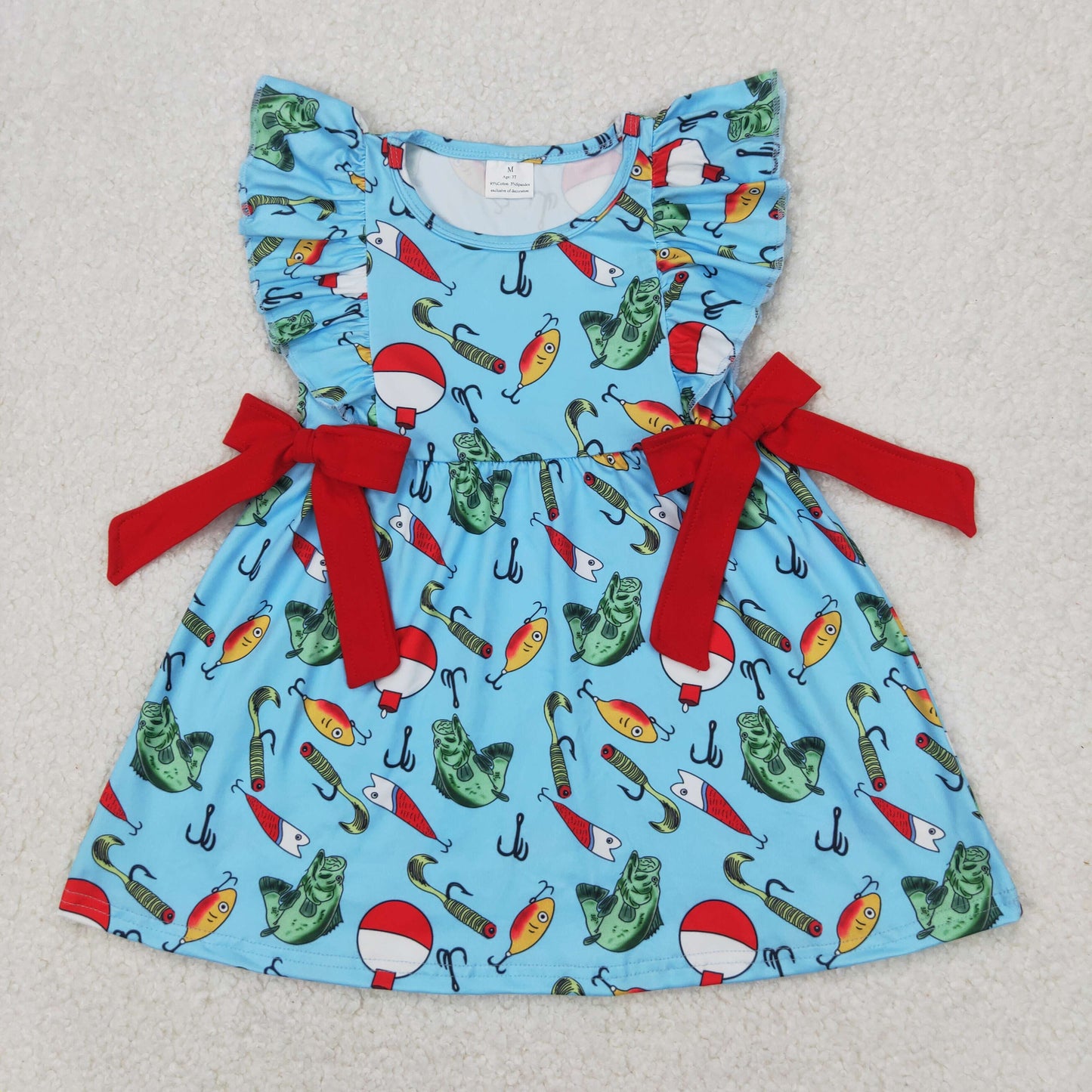 GSD1953 Hunting fishing red bows blue ruffles sleeve girls dress