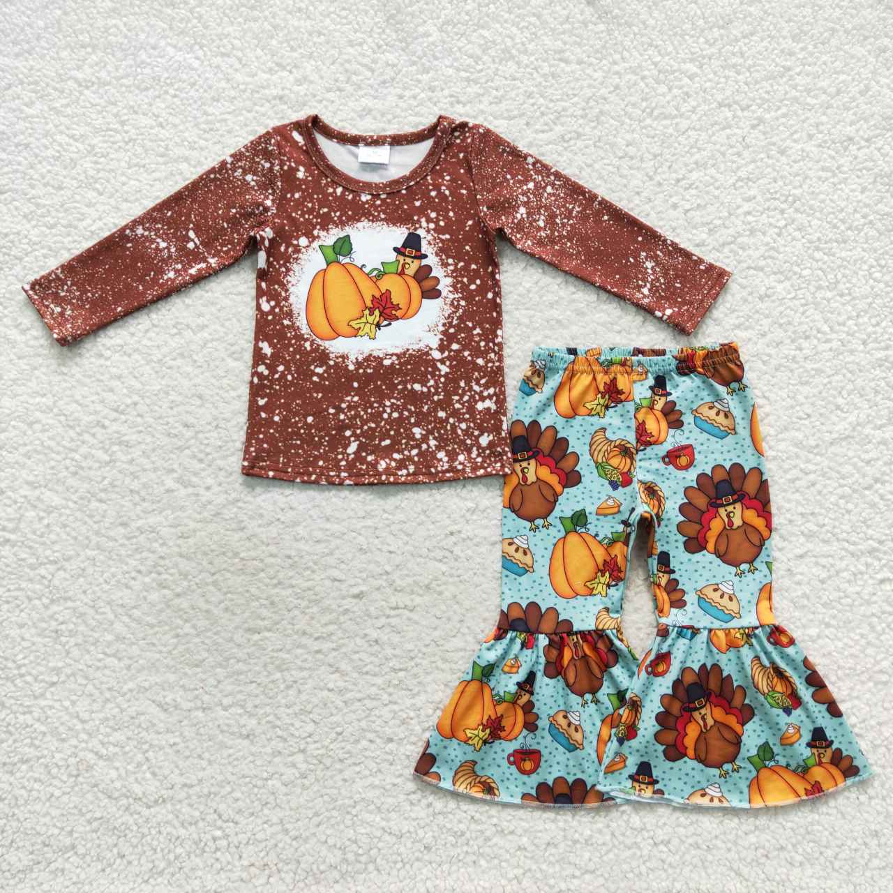 GLP0683 Thanksgiving turkey pumpkin long sleeve pans girls set