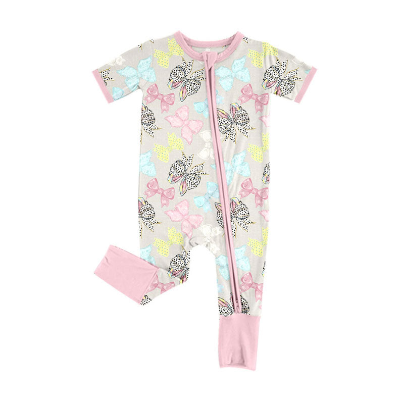 custom moq 5 cute colorful bows pink zipper short sleeve girls romper