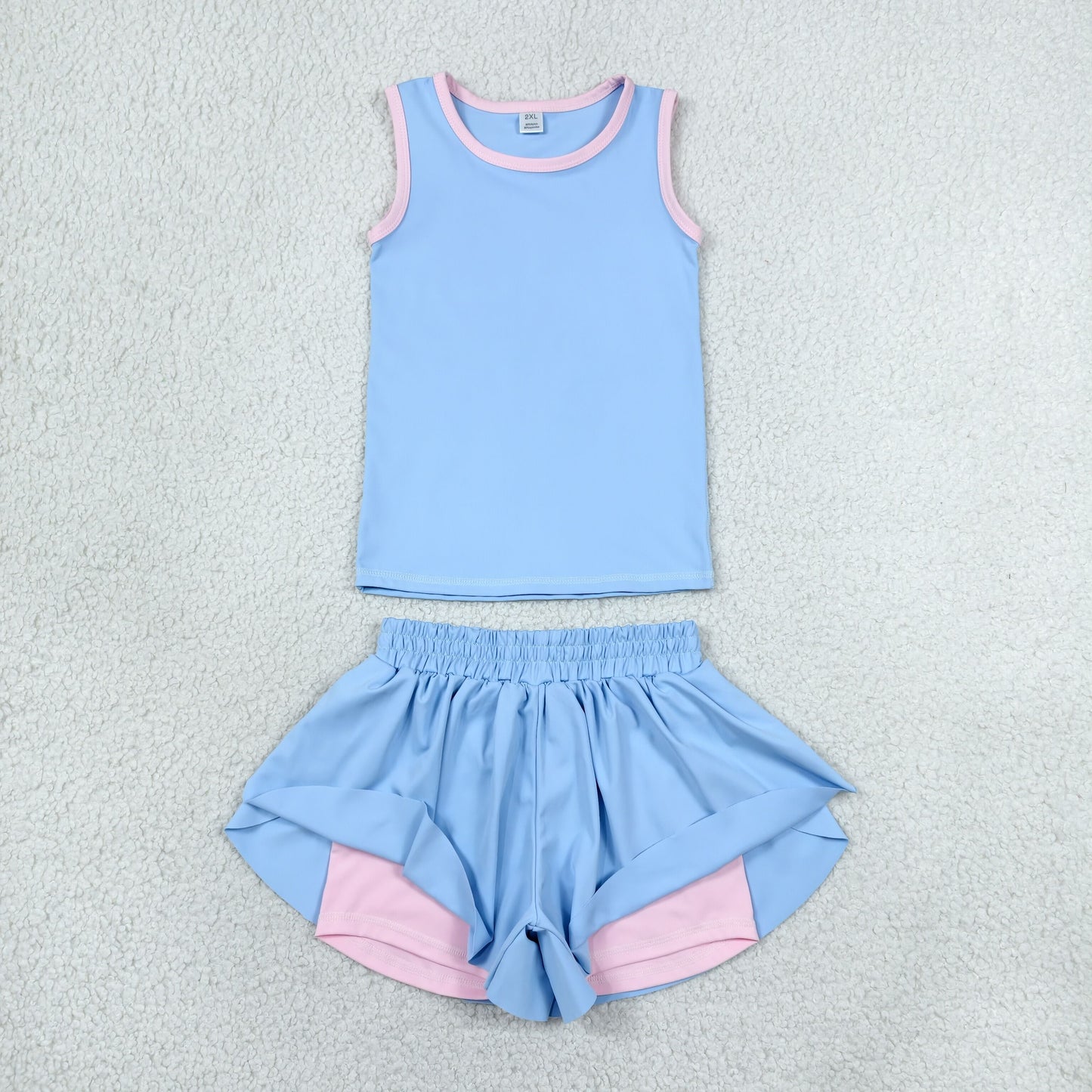 GSSO3527 Yoga Solid Color Blue Sleeveless Shorts Girls Set