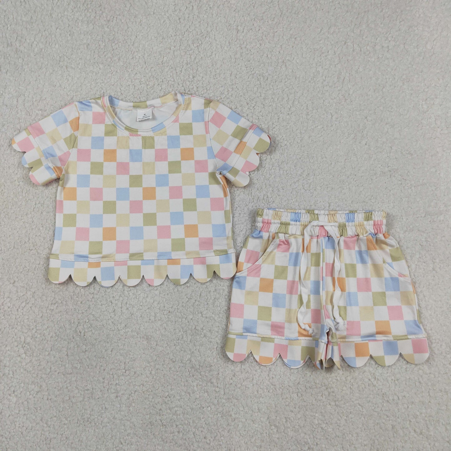 GSSO3419 Scallop Colorful Checkered Short Sleeve Shorts Girls Set