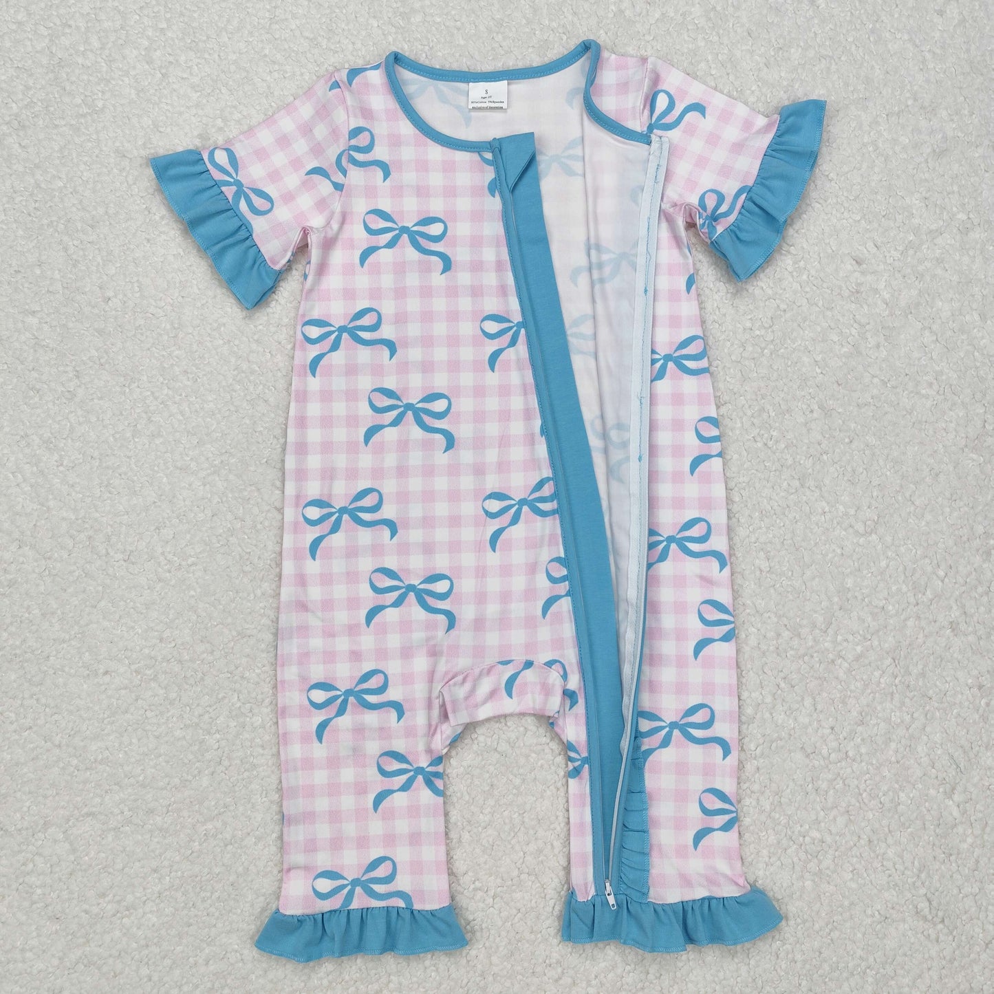 SR2026 blue bows pink checkered short sleeve zipper girls ruffles romper