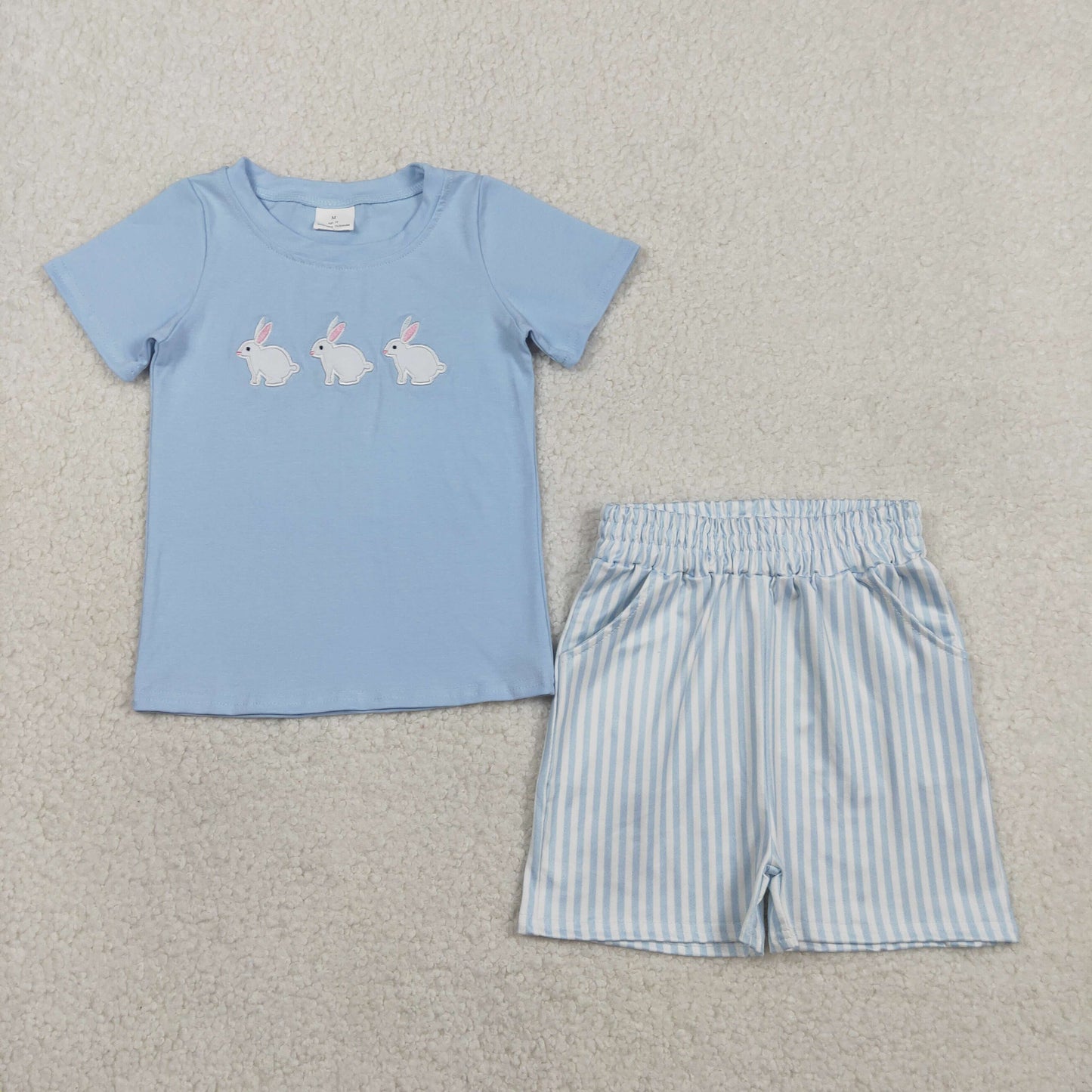 Embroidery BSSO1560 Easter bunny rabbit blue short sleeve blue striped shorts boys set