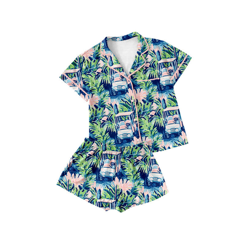 custom moq 5 Sightseeing car pink gree short sleeve shorts girls pajamas
