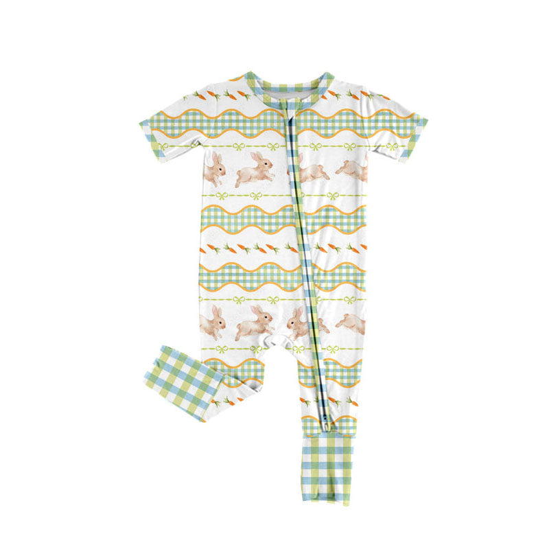 custom moq 5 Easter bunny rabbit bows green short sleeve zipper girls romper