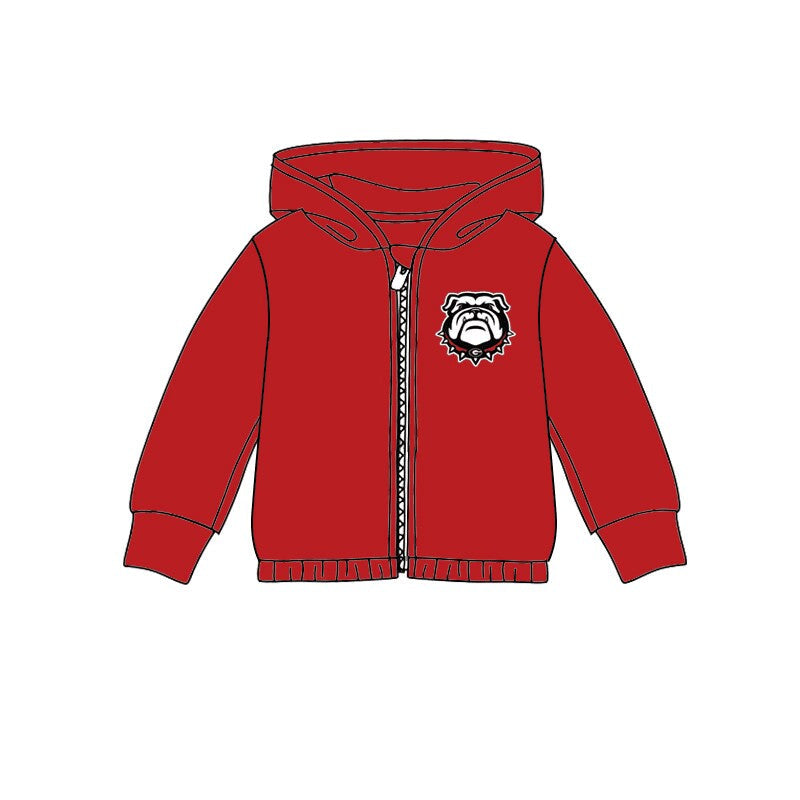 custom moq 3 football item bulldog red long sleeve zipper hoodie kids coat