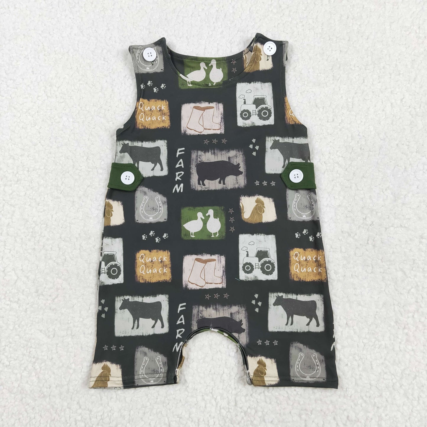 SR2874 Farm tractor animals cow green sleeveless boys romper