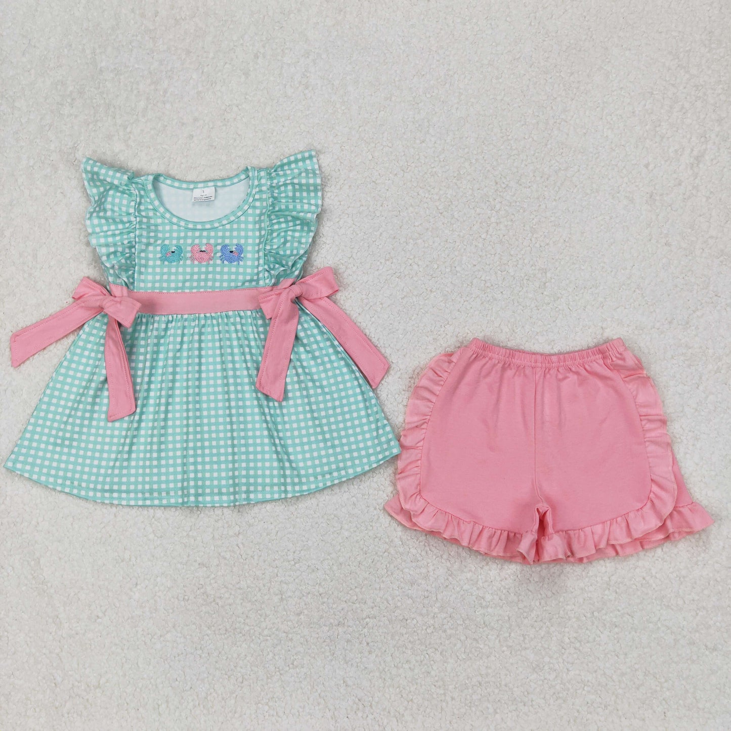 embroidery GSSO2017 cute crab green checkered pink bows flutter sleeve pink shorts girls set