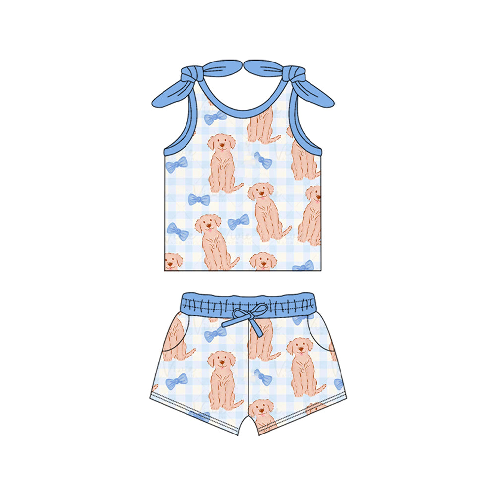 preorder cute dog pet blue checkered sleeveless shorts girls set