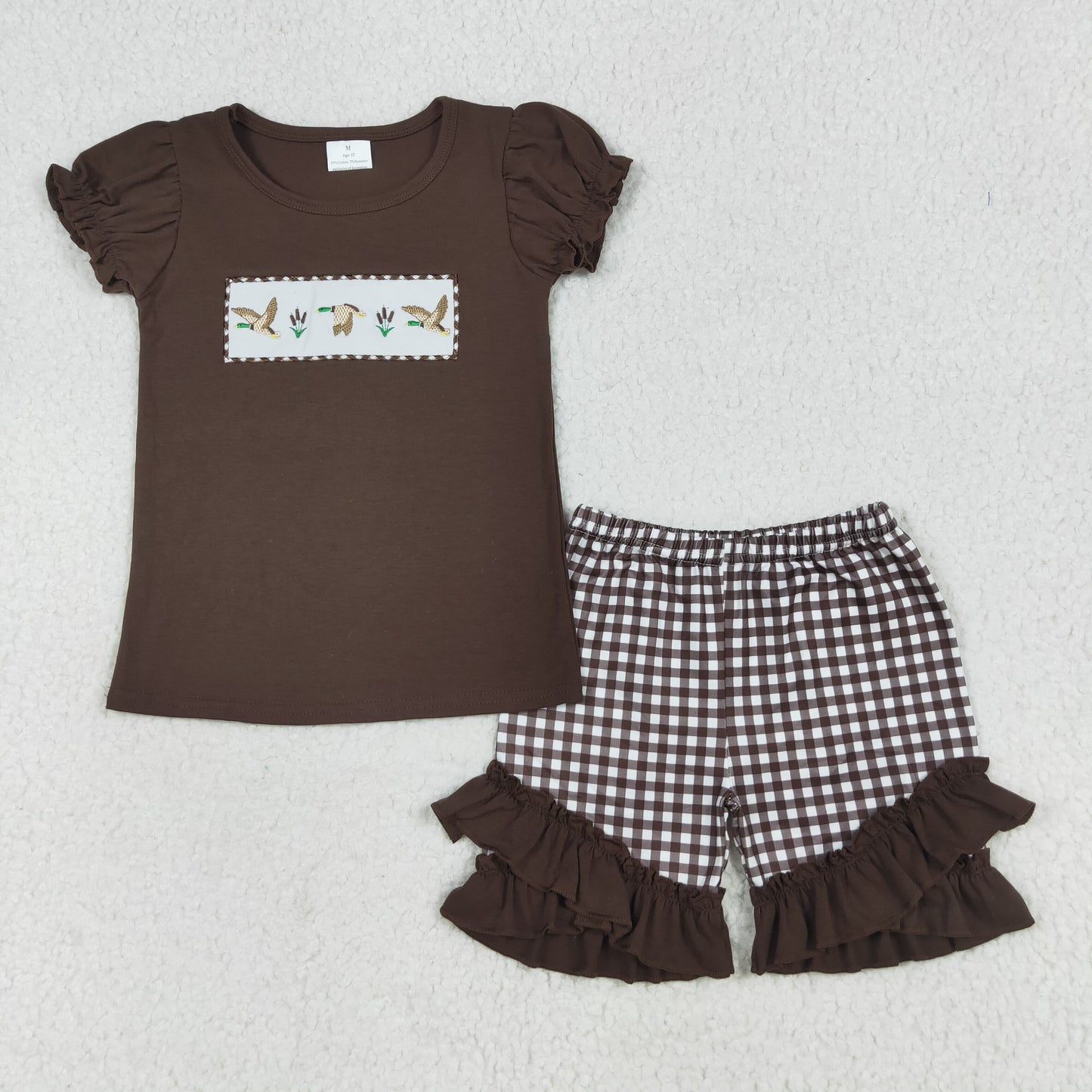 embroidery GSSO2672 hunting mallard duck brown short sleeve brown checkered shorts girls set