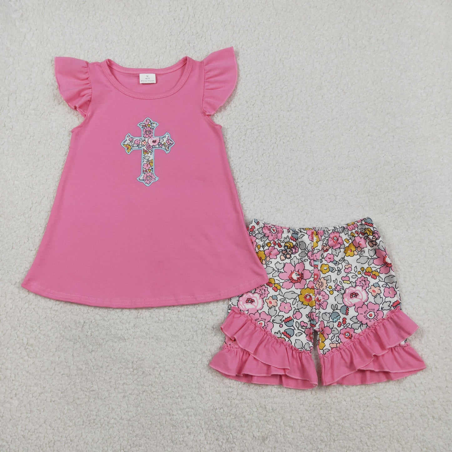 Embroidery GSSO3069 Easter Cross Flowers Pink Flutter Sleeve Flowers Shorts Girls Set