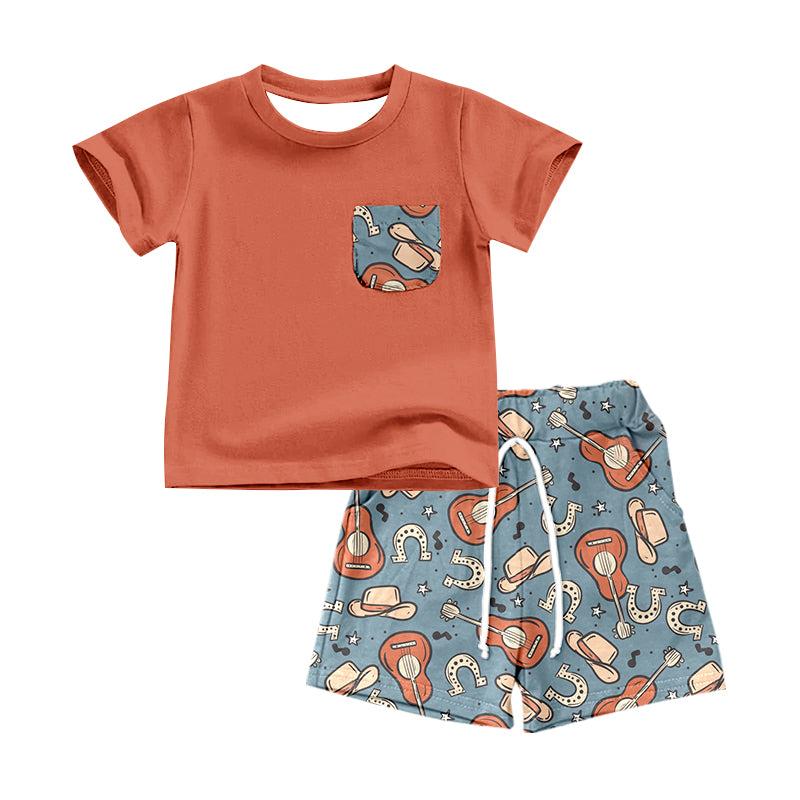 preorder BSSO0425 Western Pocket Orange Short Sleeve Horse Shoe Hat Guitar Shorts Boys Set