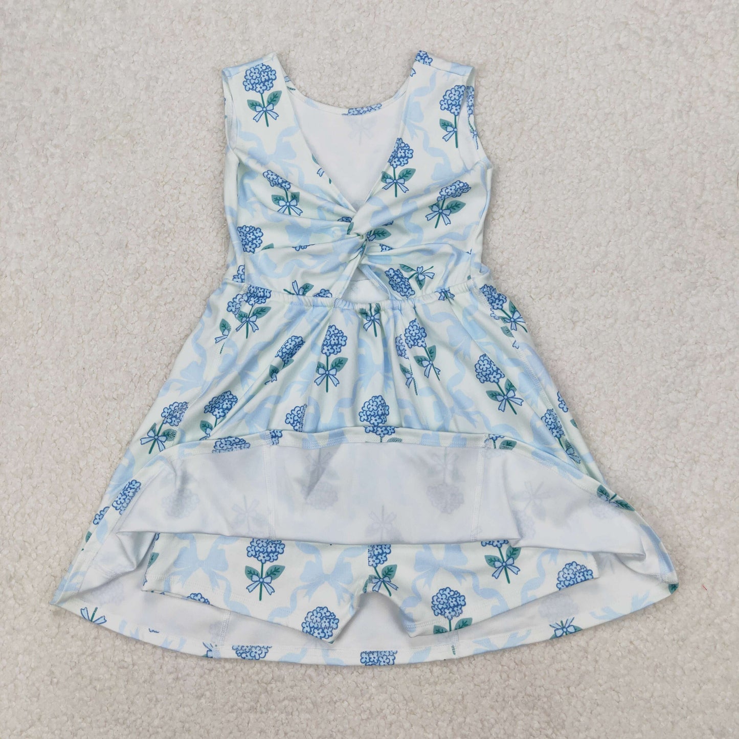 GSD1944 blue bows flowers twril bow dress with shorts girls yoga clothes