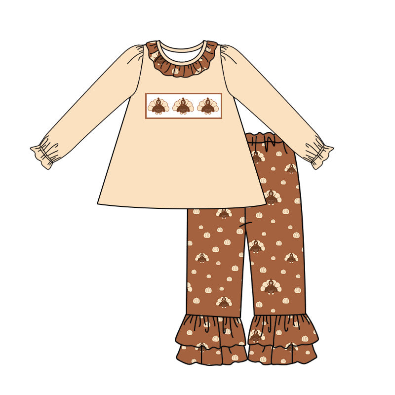 preorder GLP1312 Thanksgiving turkey khaki long sleeve brown pants girls set
