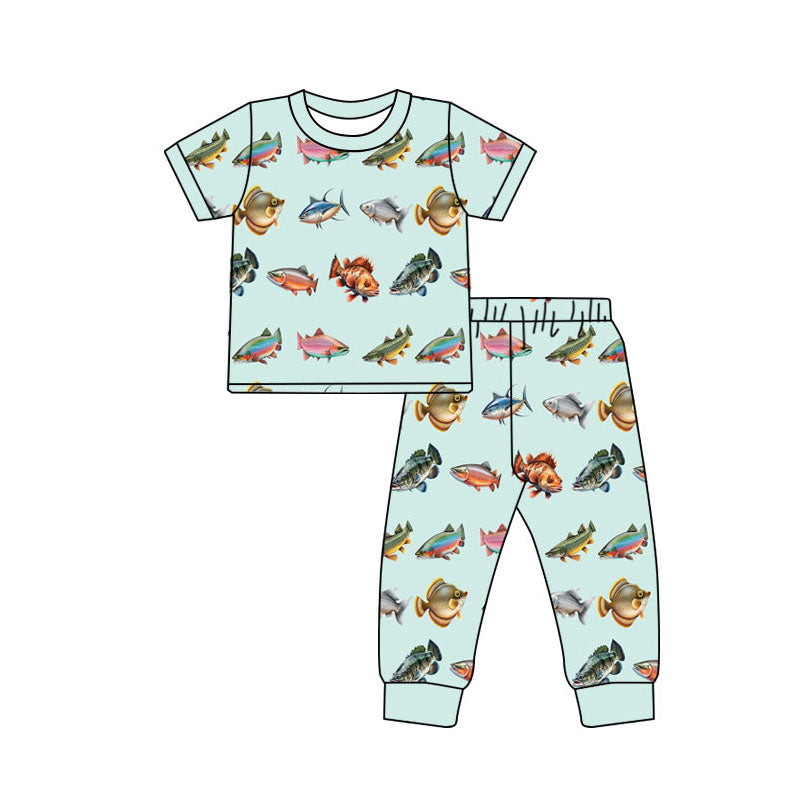 custom moq 5 cute fish light green short sleeve pants boys pajamas