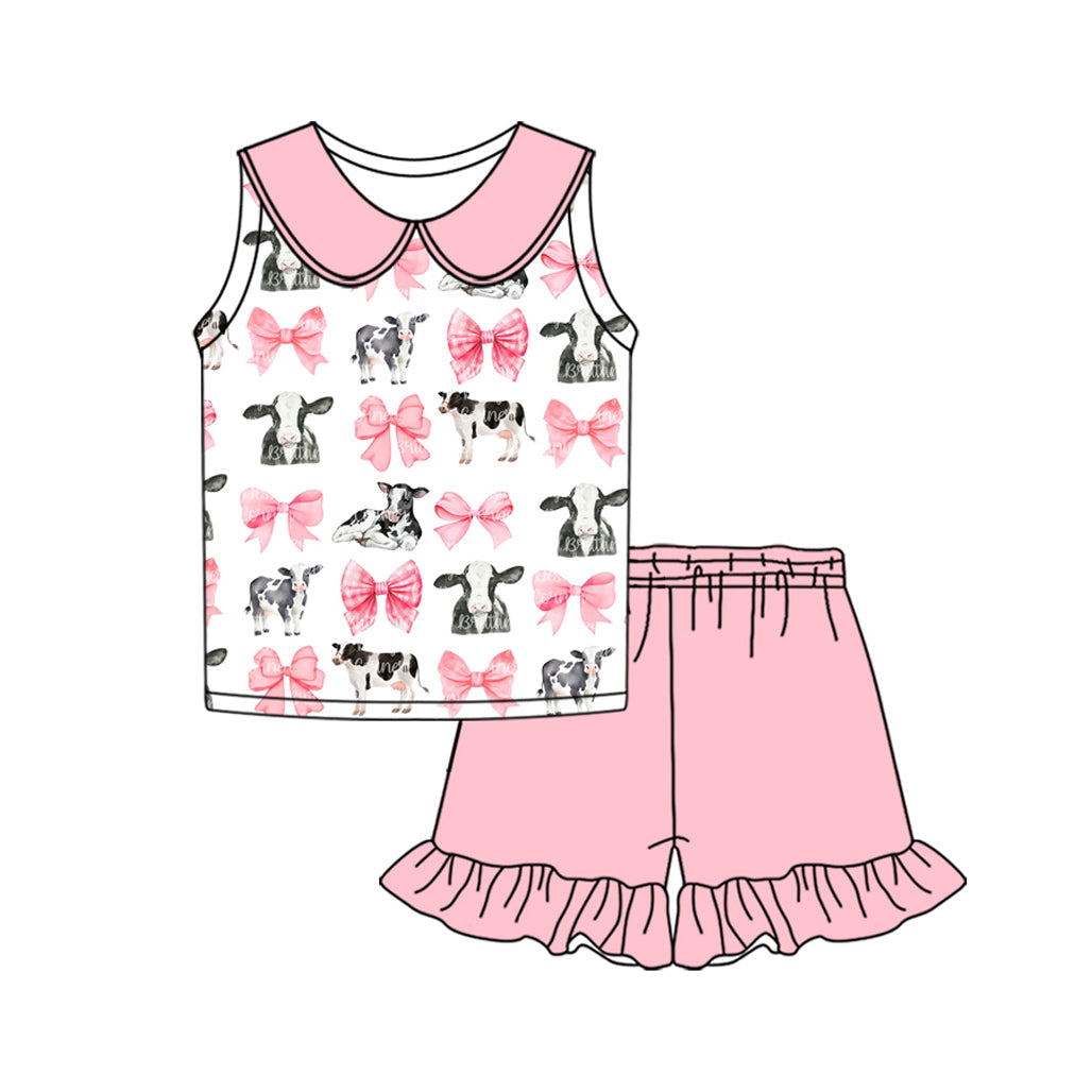 custom (moq 5)Baby Girls Pink Bows Cows Shirt Ruffle Shorts Clothes Sets