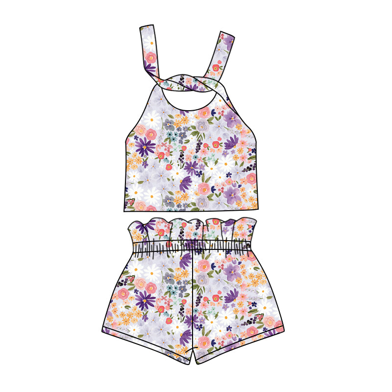 custom (moq 5)Baby Girls Purple Flowers Straps Top Shorts Clothes Sets