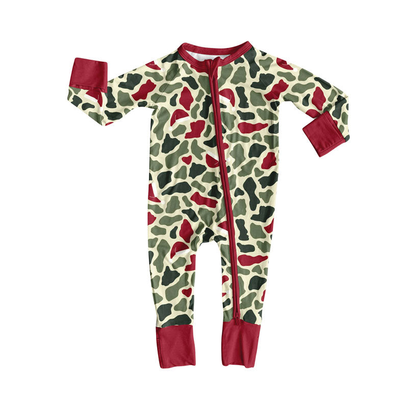 custom moq 5 Christmas hat green red camo zipper long sleeve boys romper