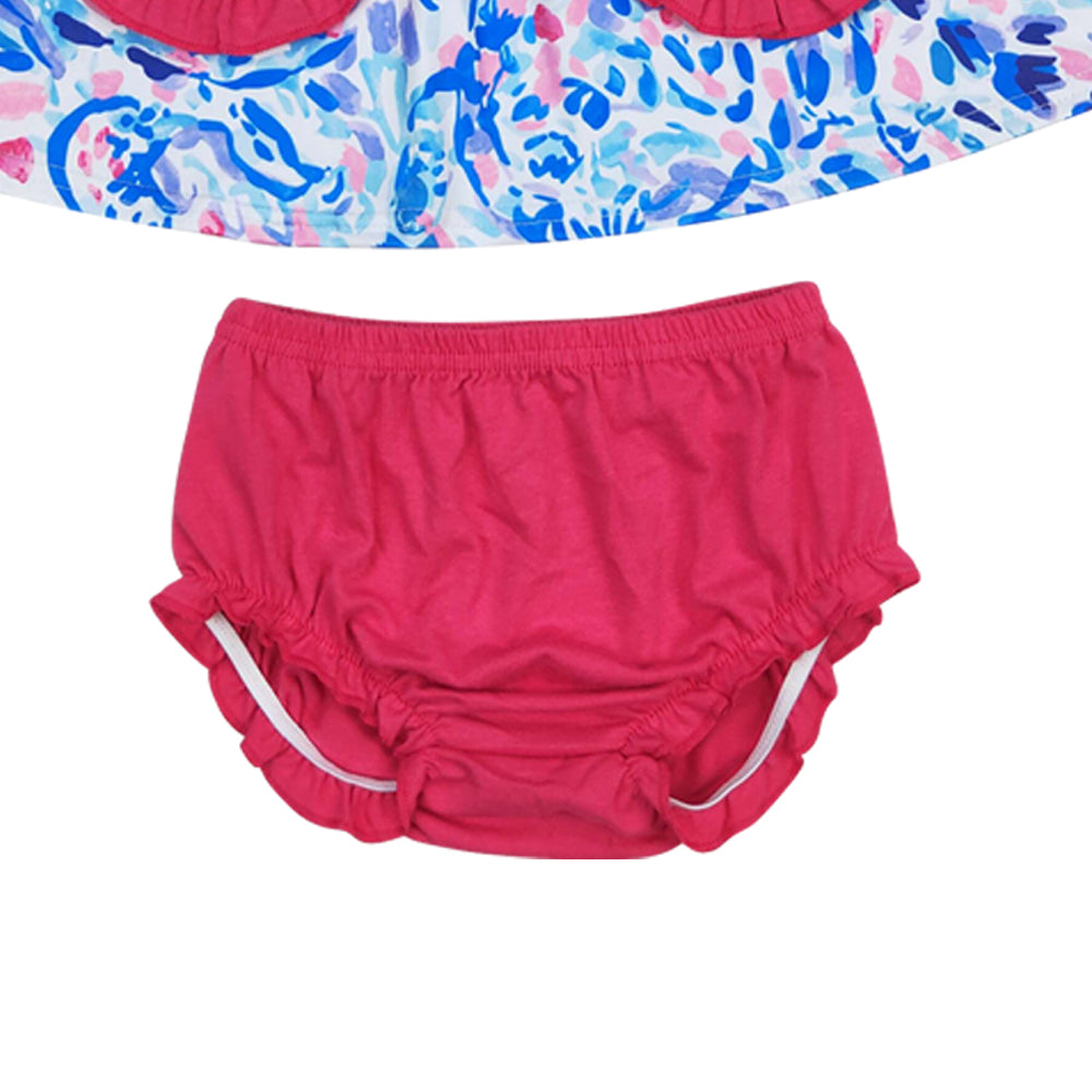 GBO0338 Blue print pockets sleeveless hot pink girls bummies set