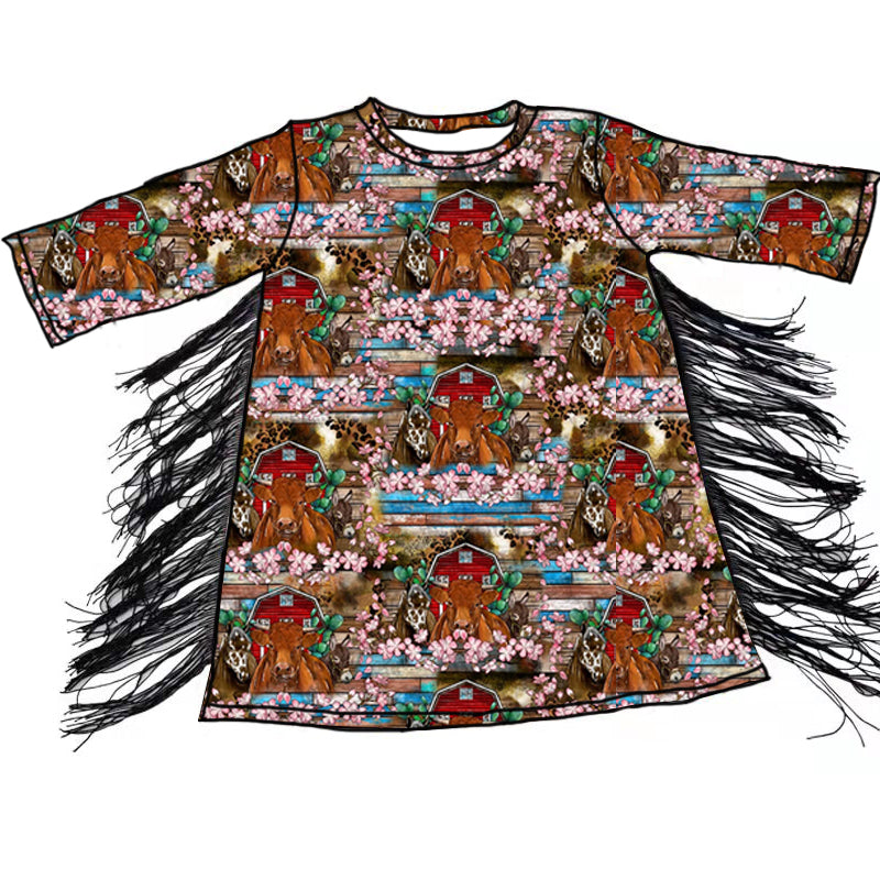 preorder GLD0419 Highland cow flowers tassels long sleeve girls dress