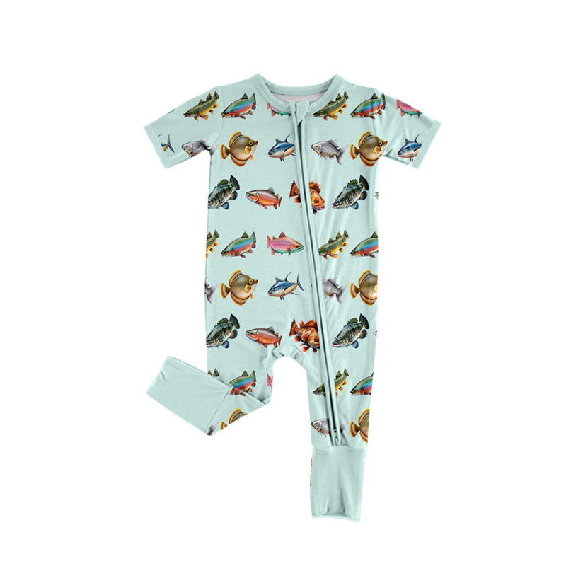 custom moq 5 cute fish light green short sleeve zipper boys romper