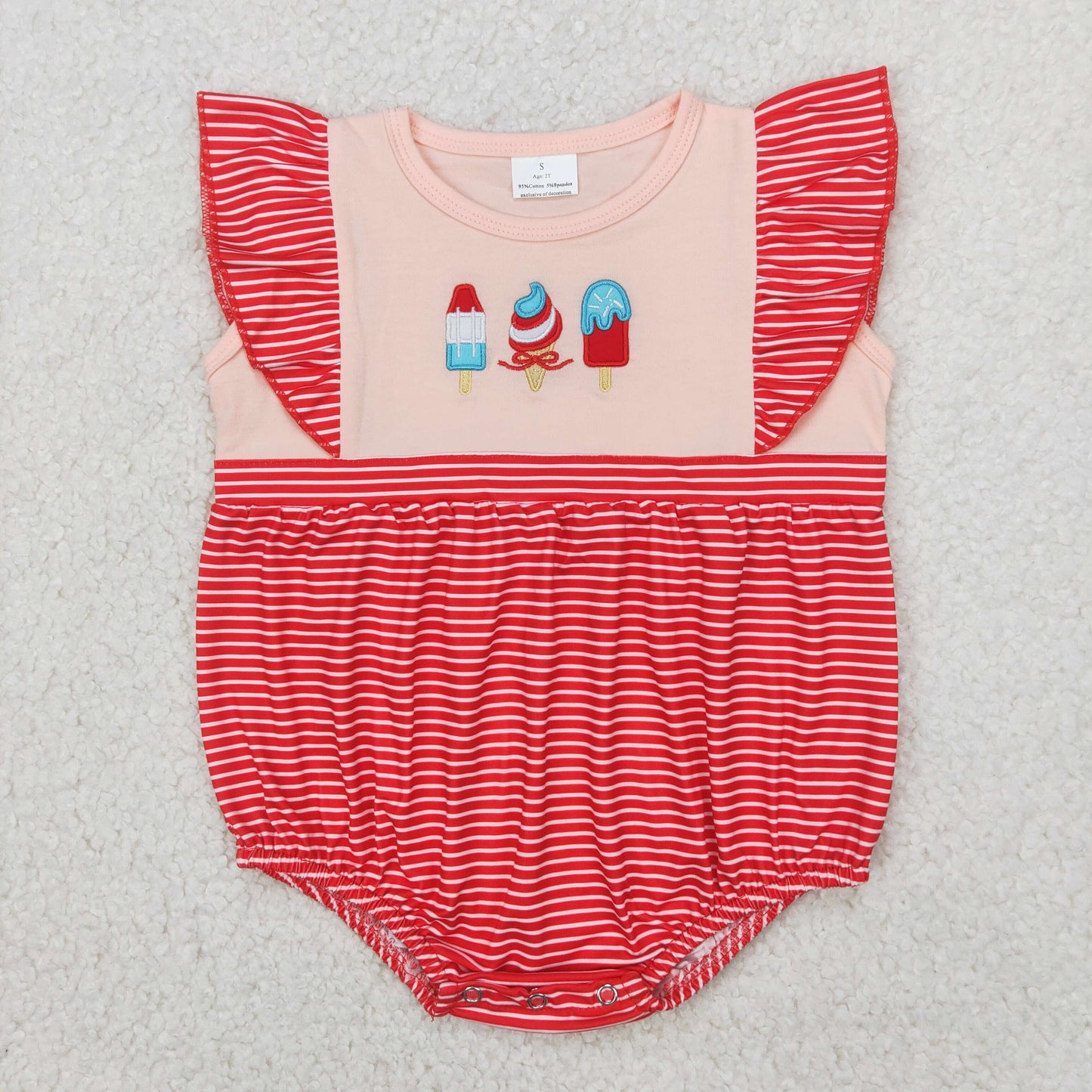 embroidery SR2635 July 4th Ice Red Striped Ruffles Sleeve Baby Girl Romper
