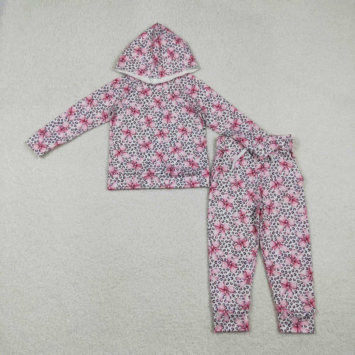 GLP2854 pink leopard bows long sleeve hoodie pants girls set