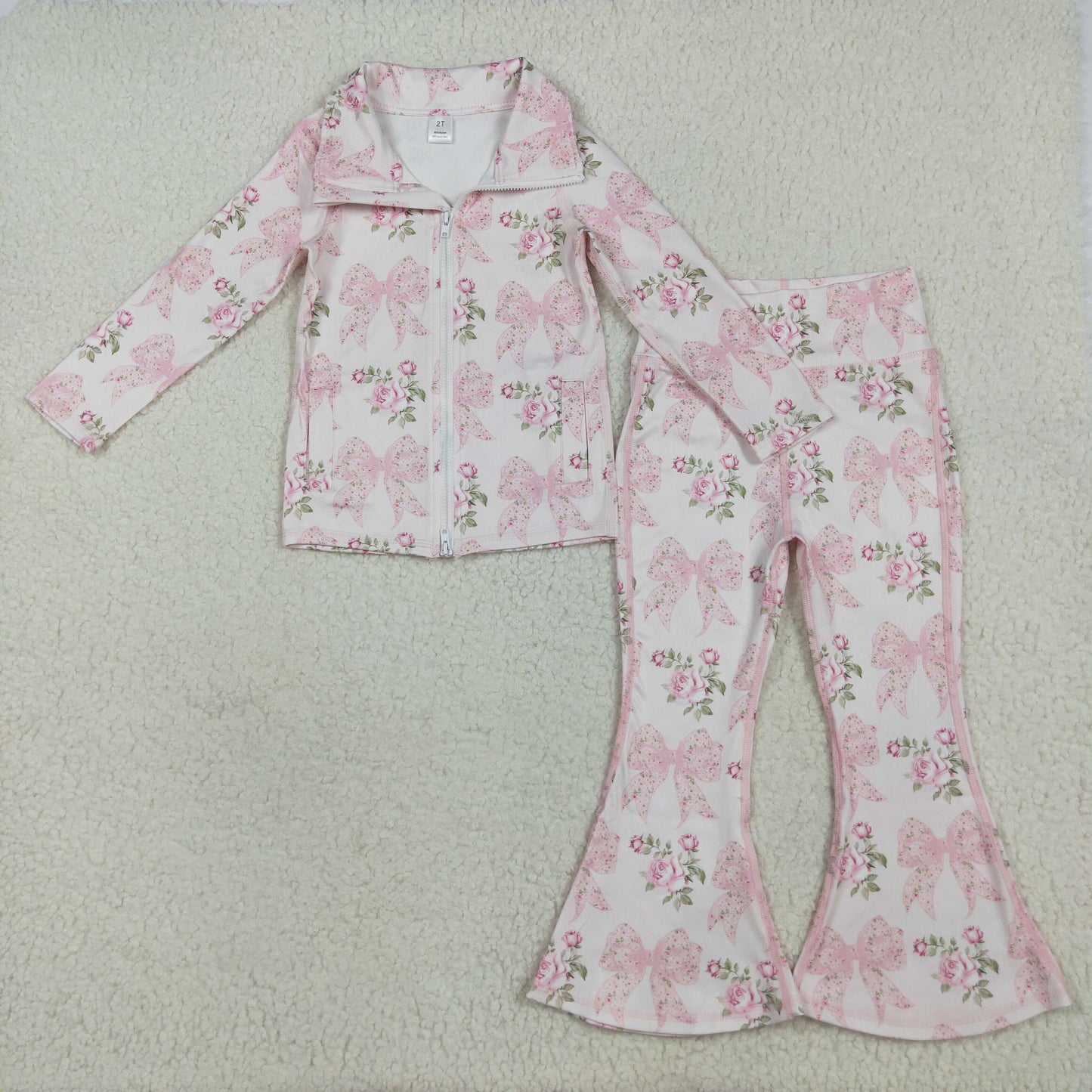 GLP2429 yoga pink flowers bows zipper long sleeve pants girls set
