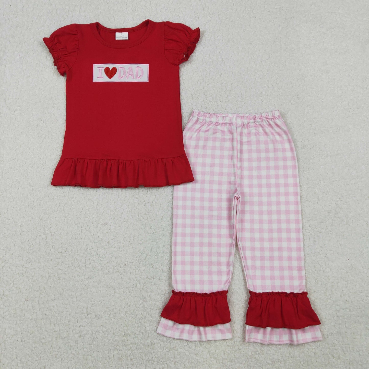 embroidery GSPO2072 i love dad red short sleeve pink checkered ruffles pants girls set