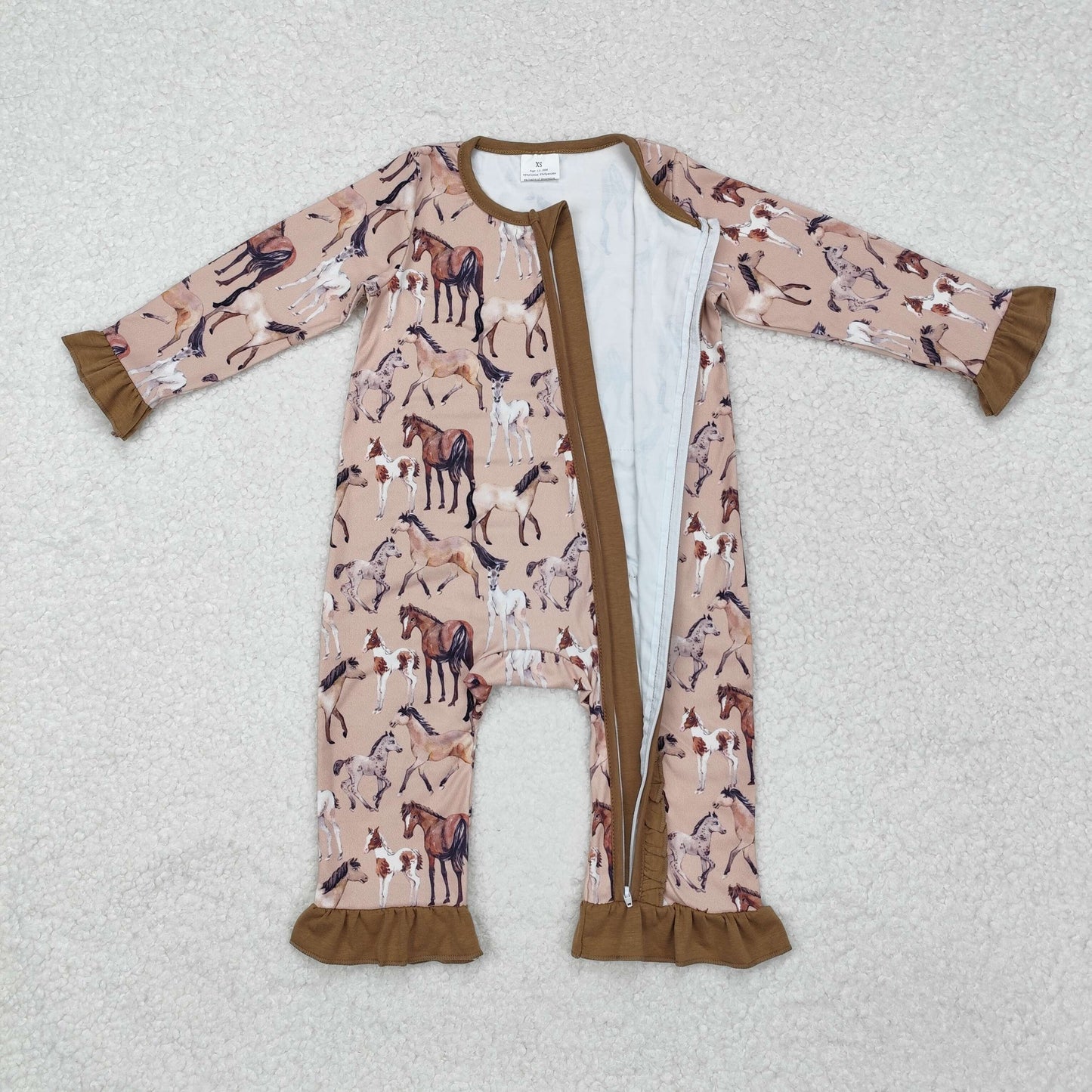 LR1771 Farm horse brown long sleeve zipper girls romper