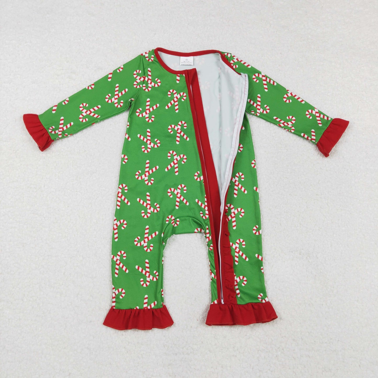 LR1236 Christmas cane candy green long sleeve zipper girls romper