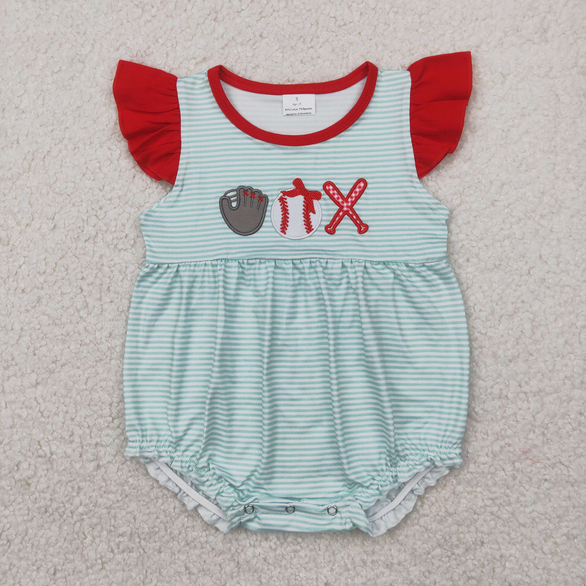SR2892 embroidery play baseball green striped red flutter sleeve girls romper