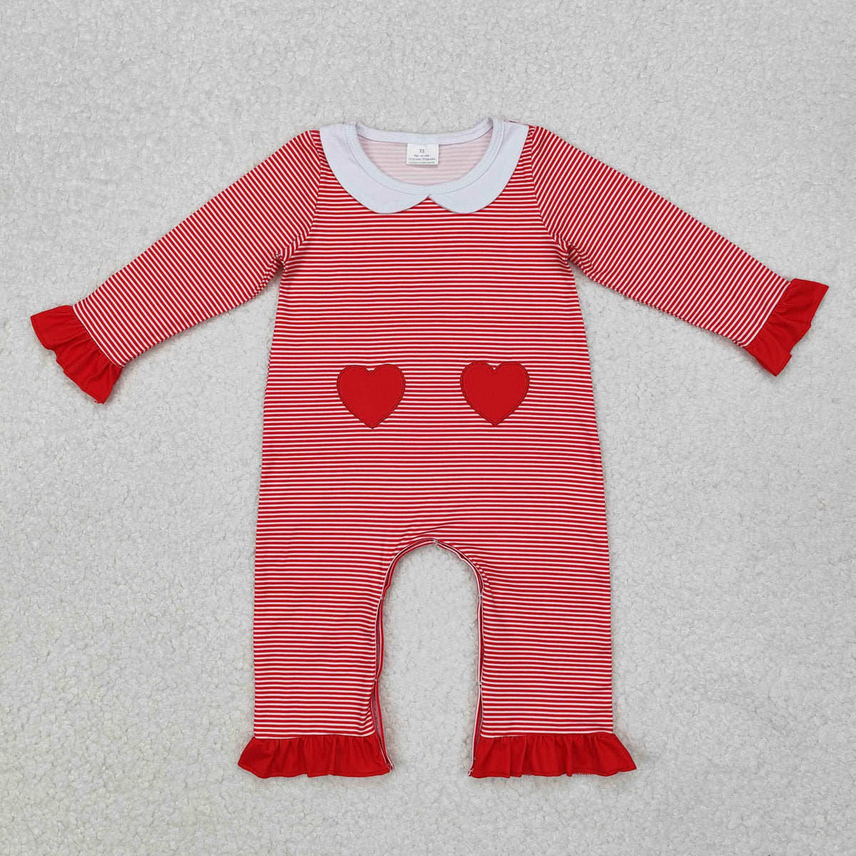embroidery LR2113 Valentine's Day red striped heart long sleeve girls romper