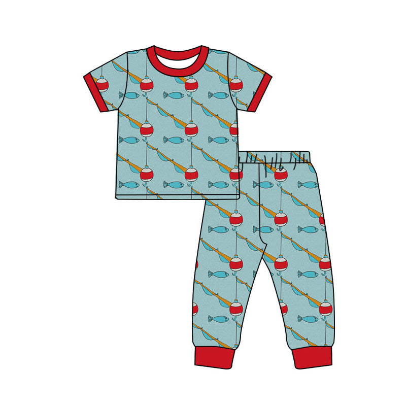 custom moq 5 cute fishing blue short sleeve pants boys pajamas