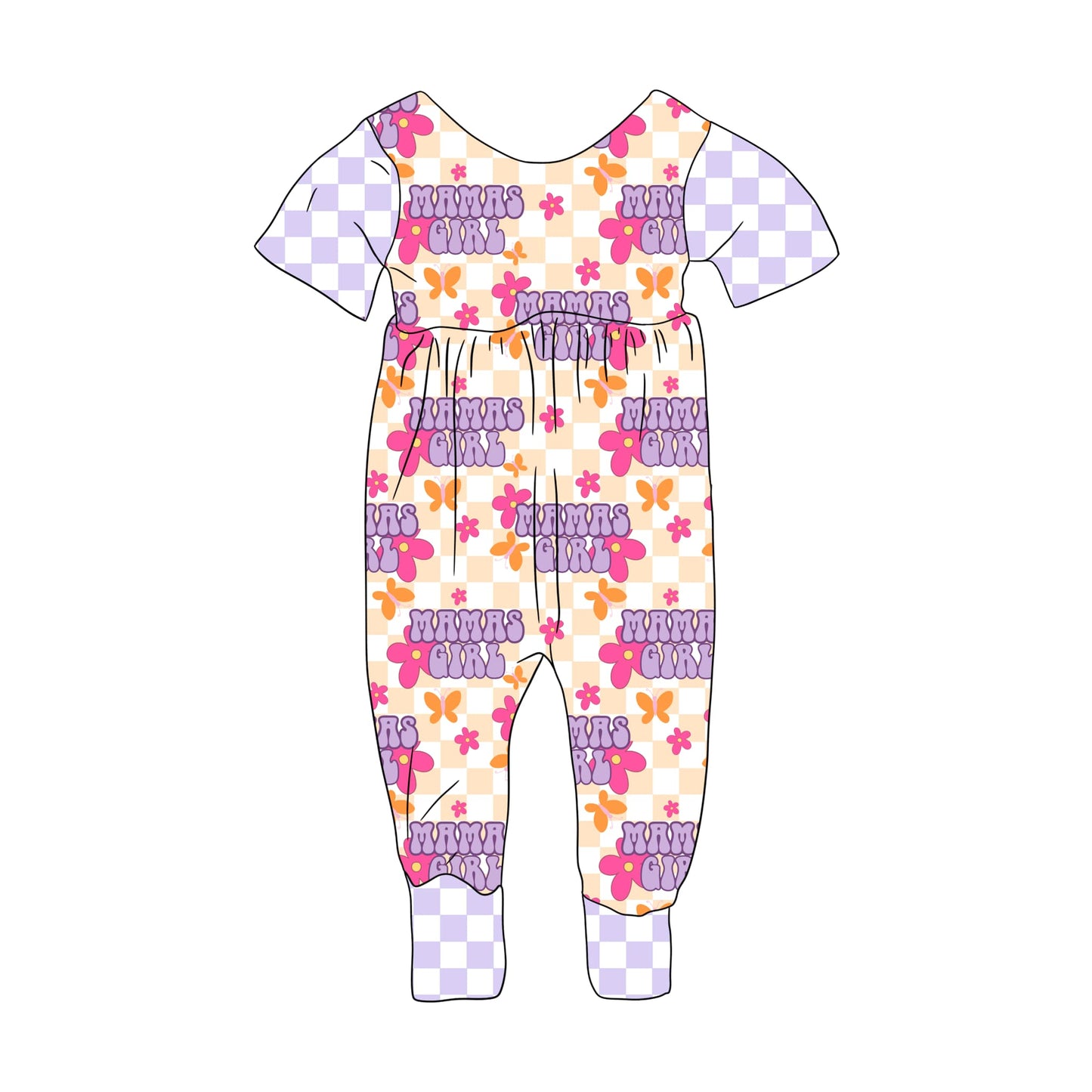 custom mama's girl flowers purple checkered short sleeve girls romper