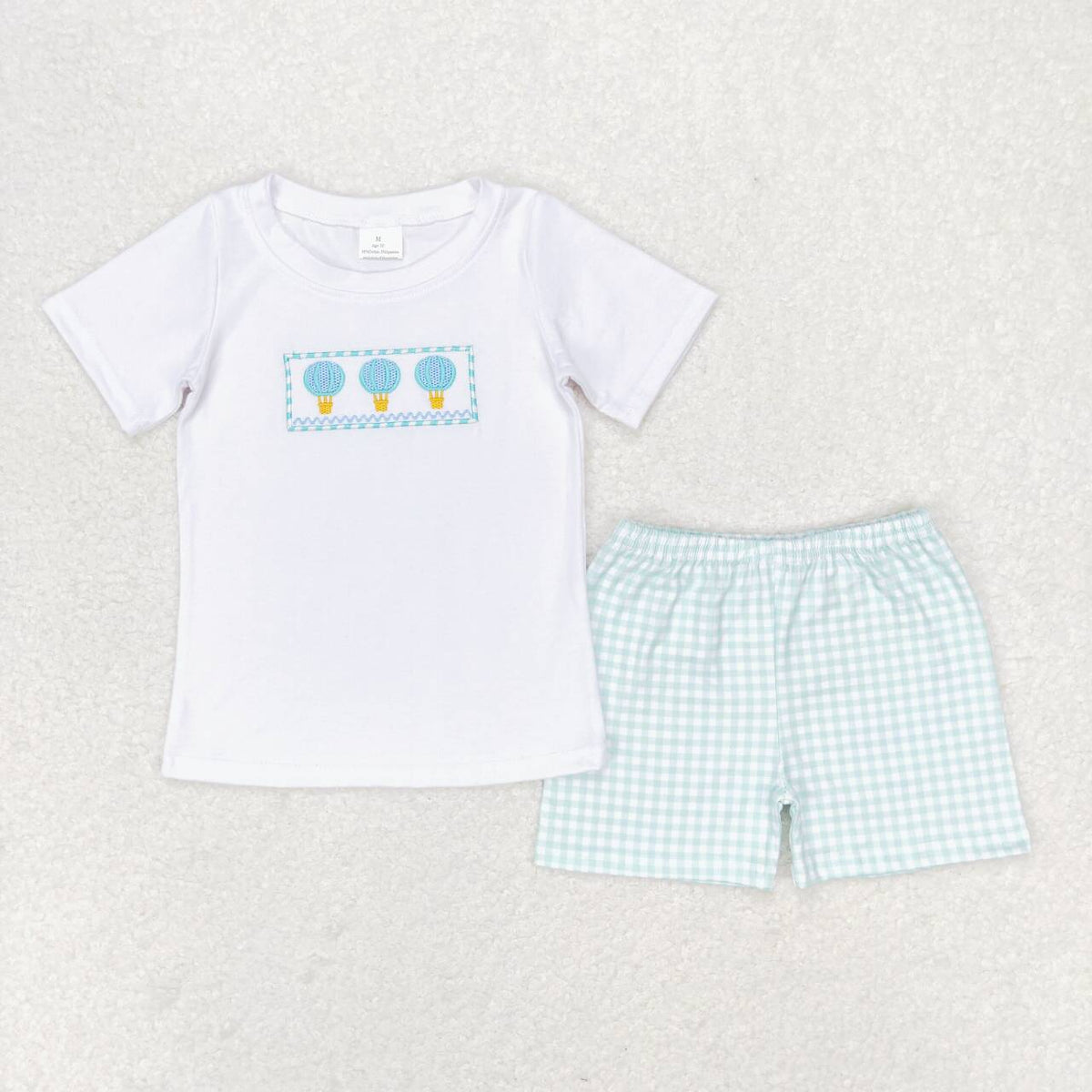 BSSO0784 embroidery hot air balloon short sleeve blue checkered shorts boys set