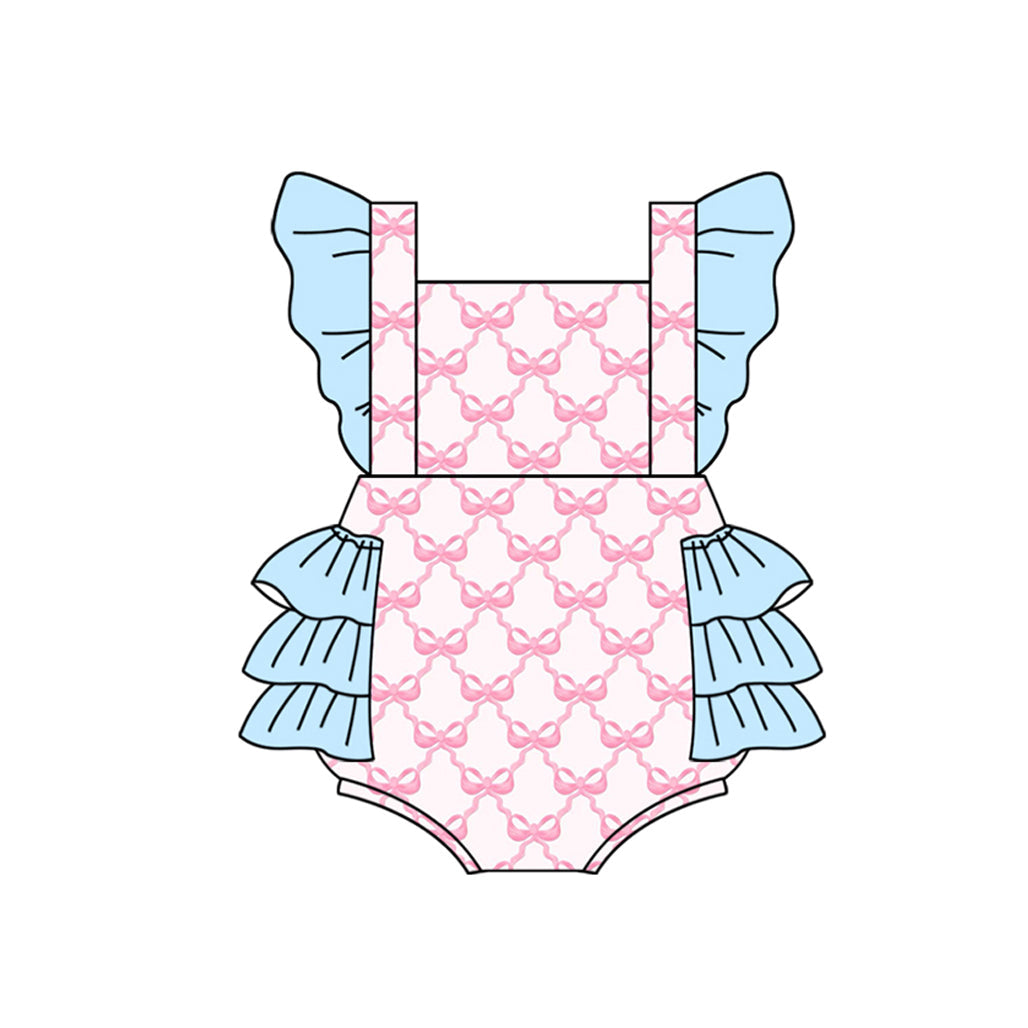 custom(moq 5)Baby Infant Girls Pink Bows Bubble Rompers