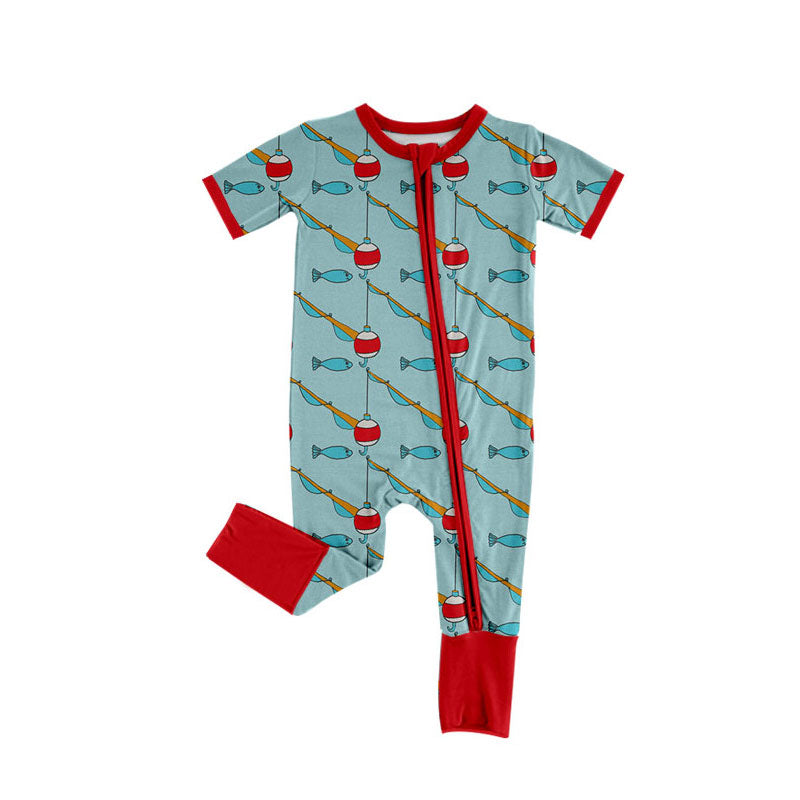 custom moq 5 cute fishing blue short sleeve zipper boys romper