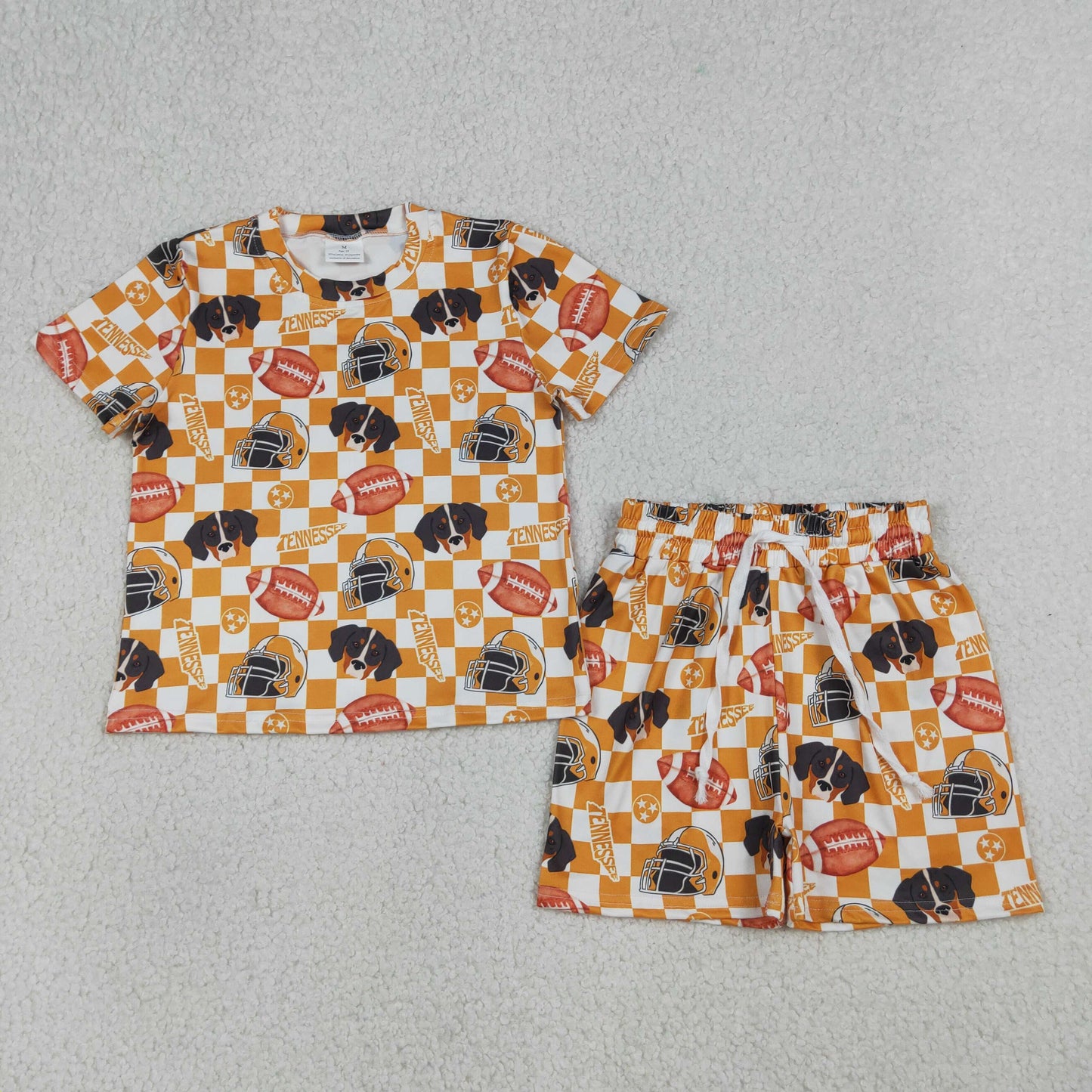 GSSO3161 Scallop Team Orange Checkered Short Sleeve Shorts Girls Set