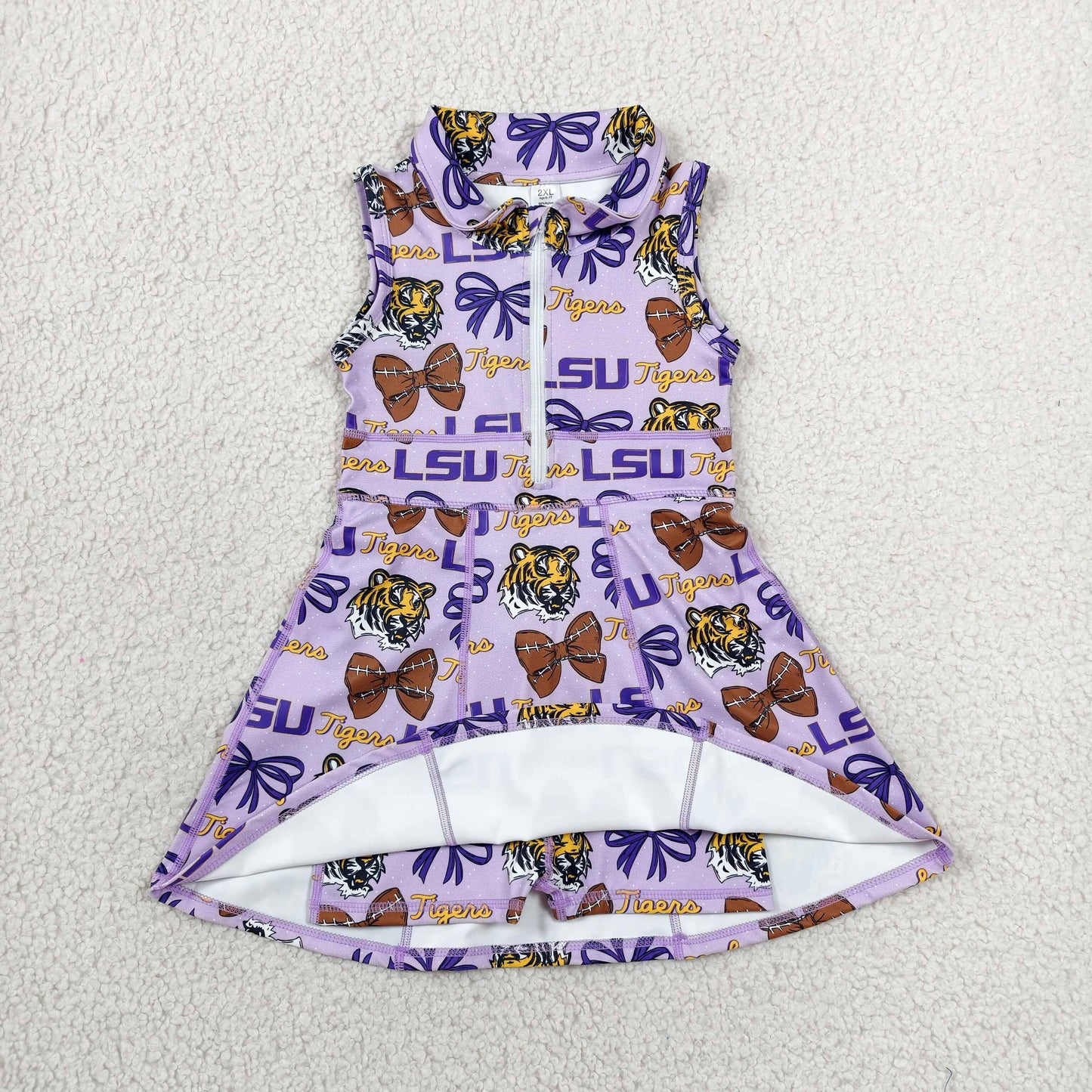 GSD3604 Yoga Team Bows Tiger Purple Zipper Sleeveless Skorts Girls Dress