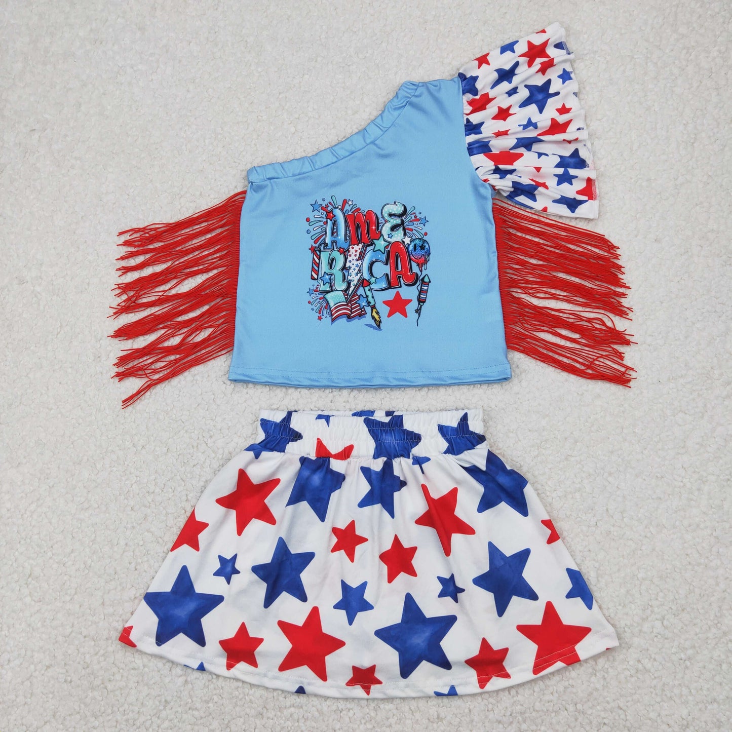 GSD1836 July 4th american tasselss sleeveless star skirt girls set