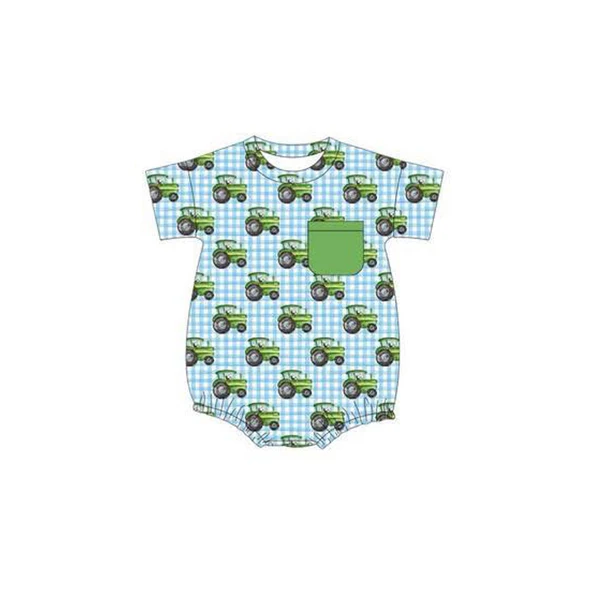 custom moq 3 tractor blue checkered pocket short sleeve boys romper