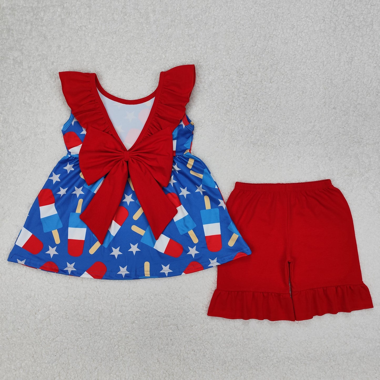 GSSO1765 July 4th Ice Blue Flutter Sleeve Red Shorts Girls Set